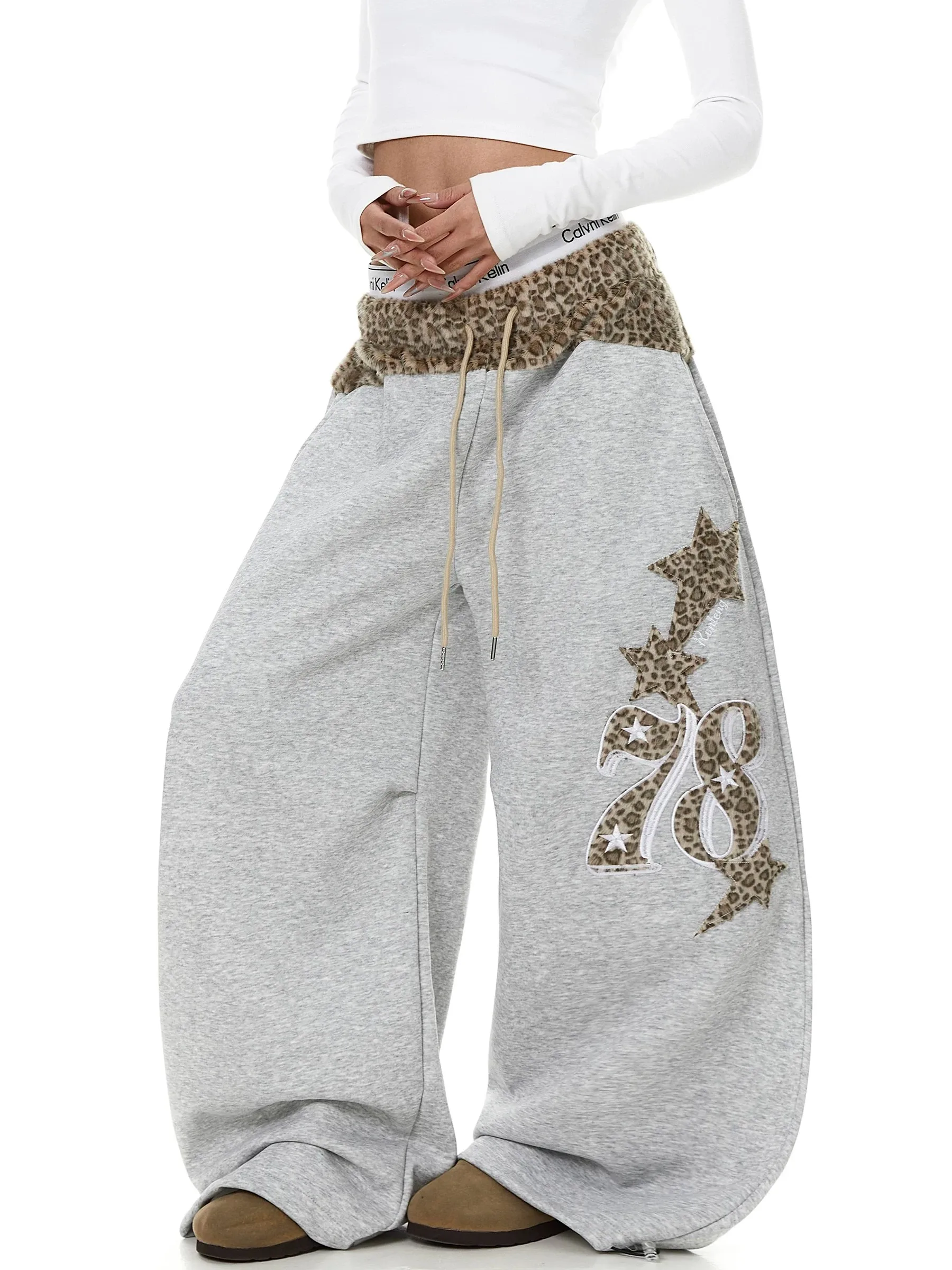 American Leopard Print Waist Patchwork Embroidery Wide Leg Pants Women's Spring Autumn New Style Jazz Dance Loose Trousers