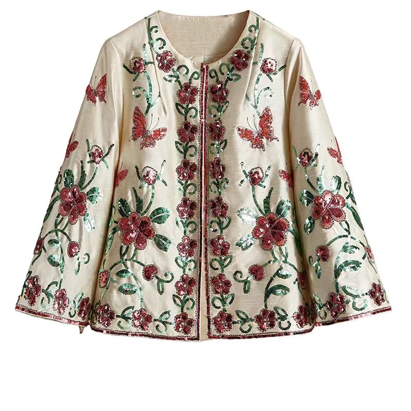 الربيع/الخريف جديد الراقية تصميم حصري رائعة مطرزة الترتر + زهرة فراشة زر مخفي معطف الحرير للنساء #4