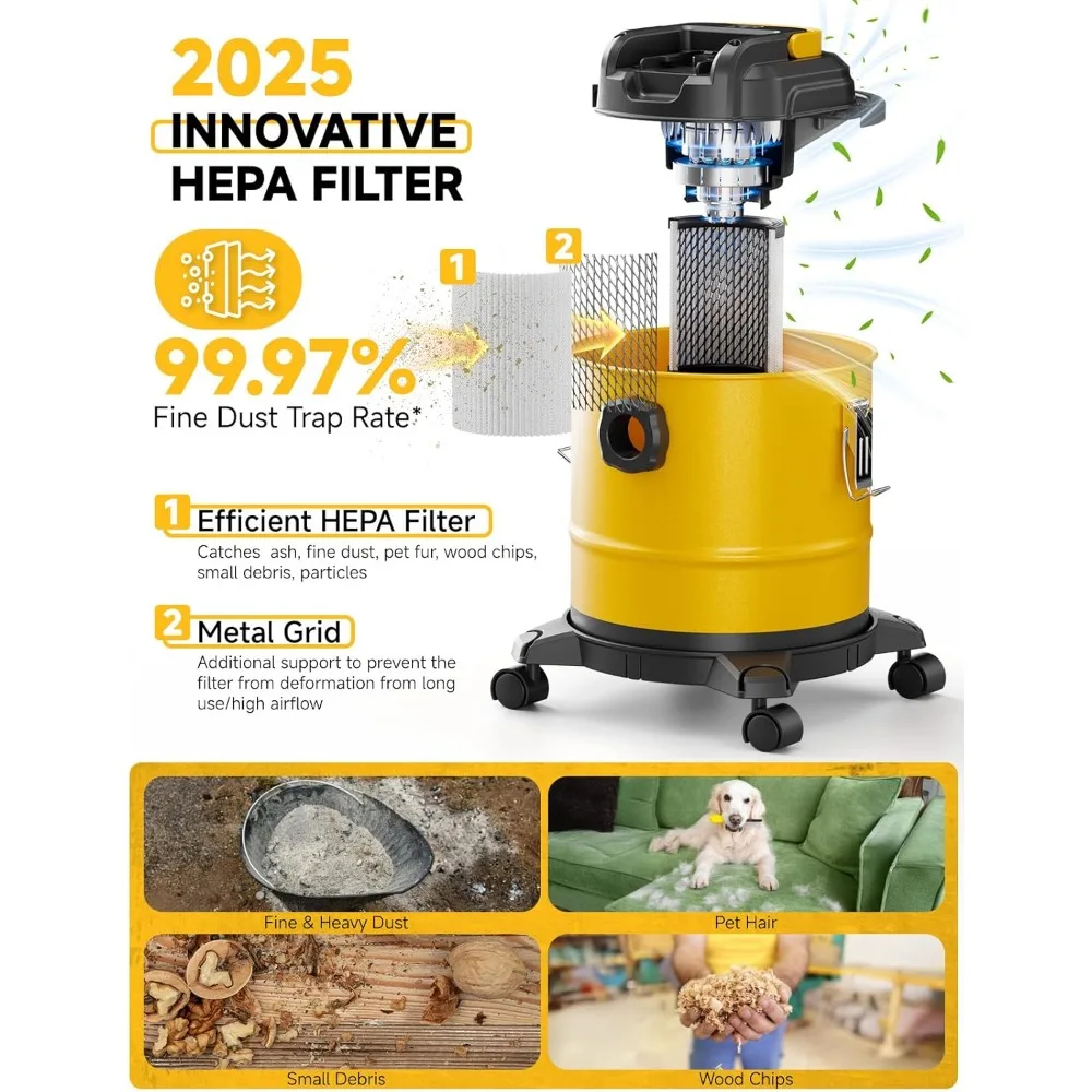 Aspirapolvere per cenere senza fili per stufe a pellet, per batteria massima 20 V, aspirapolvere per stufa a pellet con 2 filtri HEPA