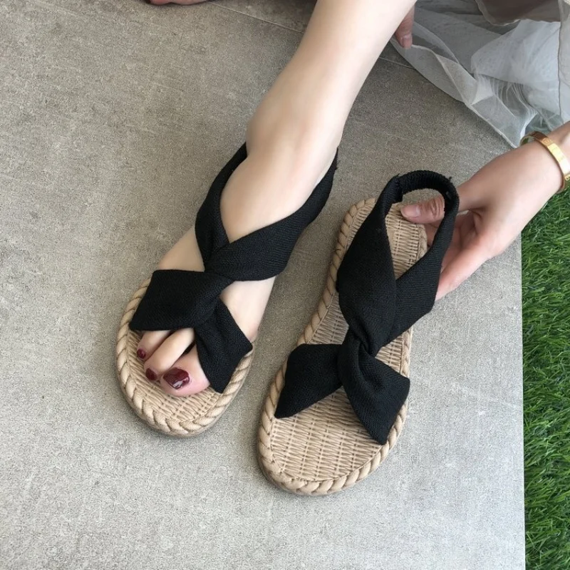 

2025 NEW Slippers Woman Summer Ladies Fashion Summer Solid Color Elastic Fabric Face Open Toe Grass Woven Zapatos Mujer