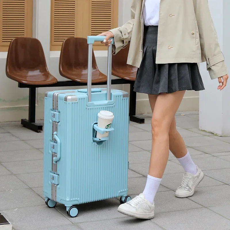 Suitcase Universal Wheel Multifunctional Aluminum Frame 20 22 26 inch Luggage Box with Cup Holder and USB Interface Trolley Box