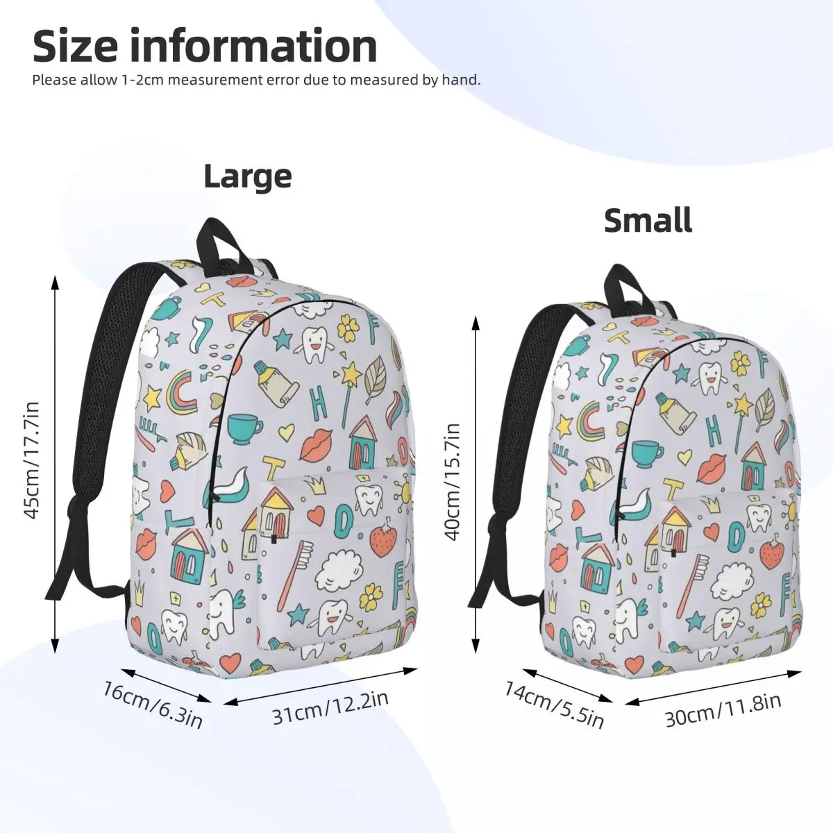 Cute Dentistry Pattern With Teeth Backpack Middle High College School Student Bookbag Teens Canvas Daypack Travel