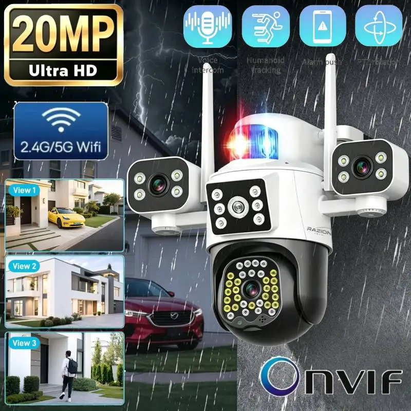 20MP Four Lens Security Outdoors Wifi Camera 5G&2.4G WiFi IP Camera Color Night Vision Two-Way Audio Camera Baby Monitor RZ380