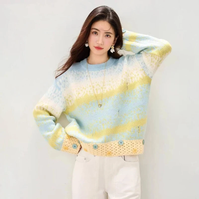 Colorful Tie Dye Knit Sweater With Button Detailing For Spring And Autumn Women Casual Sweet Style Loose Fit Short Length O Neck