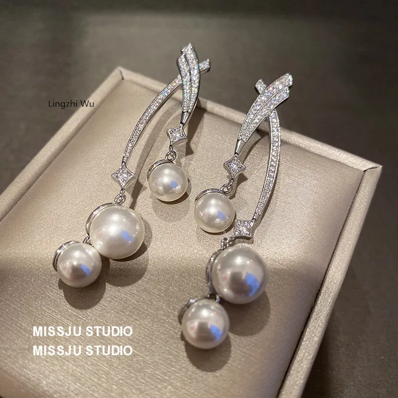 Lingzhi Wu Cross Pearl Drop Earrings, Elegant Fairy Earrings, Silver Ear Decoration, Comet, Summer, New Arrival