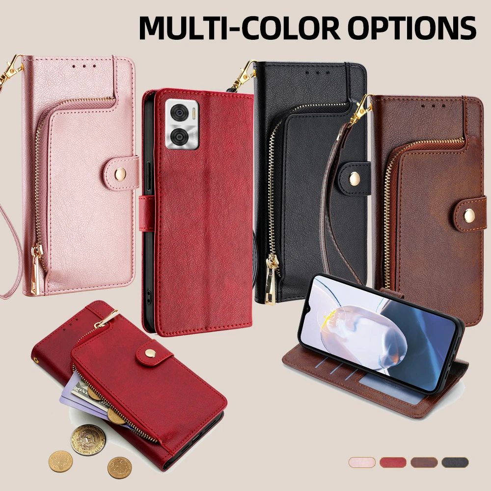 GEFENIS Book Style Zipper Wallet Card Cover For Motorola E22S E32S E13 E22i E22 E40 E30 E20 Leather Flip Phone Case For Moto E13