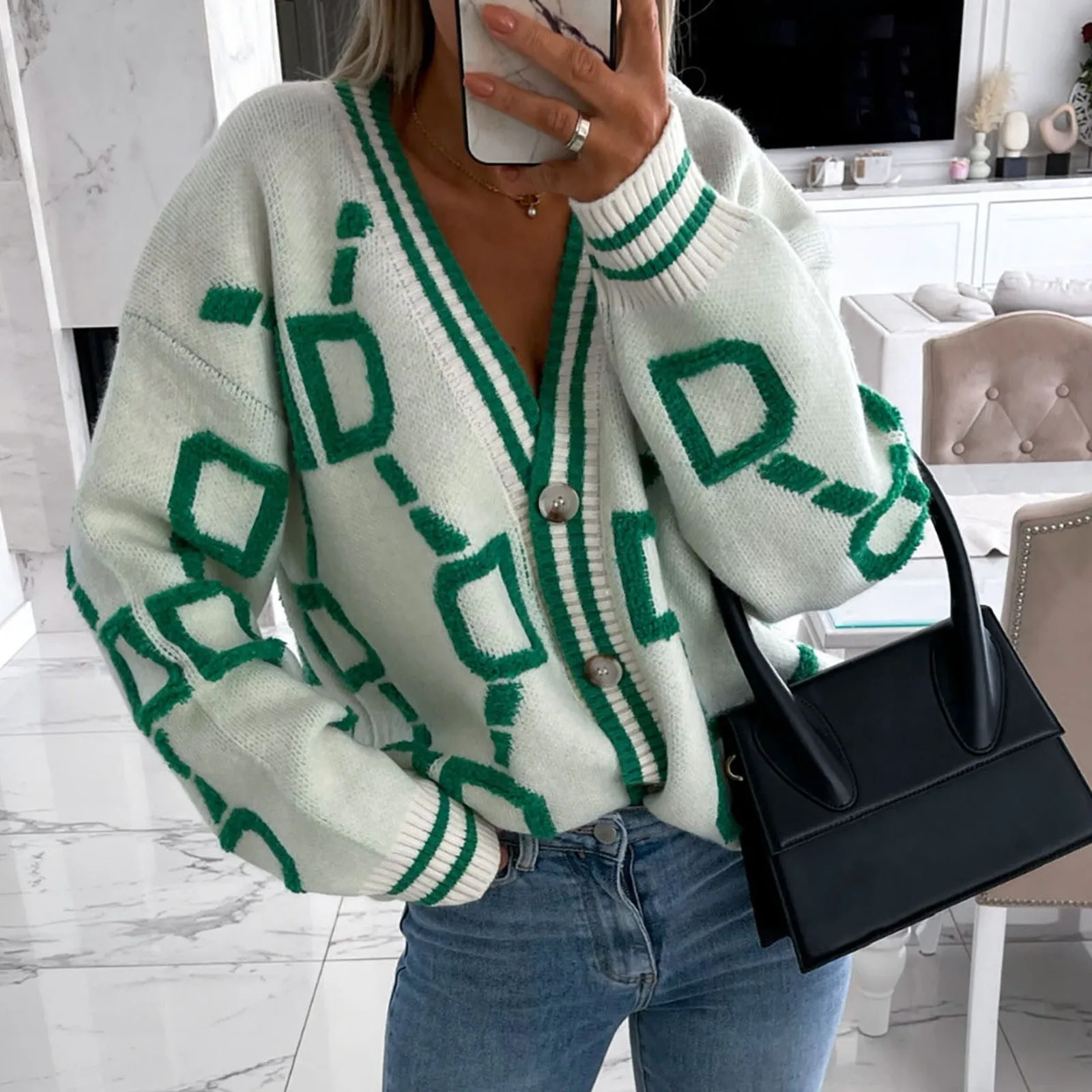 Women\'s Fashion V Neck Single Breasted Sweater Jacket Cardigan Vintage Loose Casual Long Sleeve Knitted Sweater Cardigan Jacket