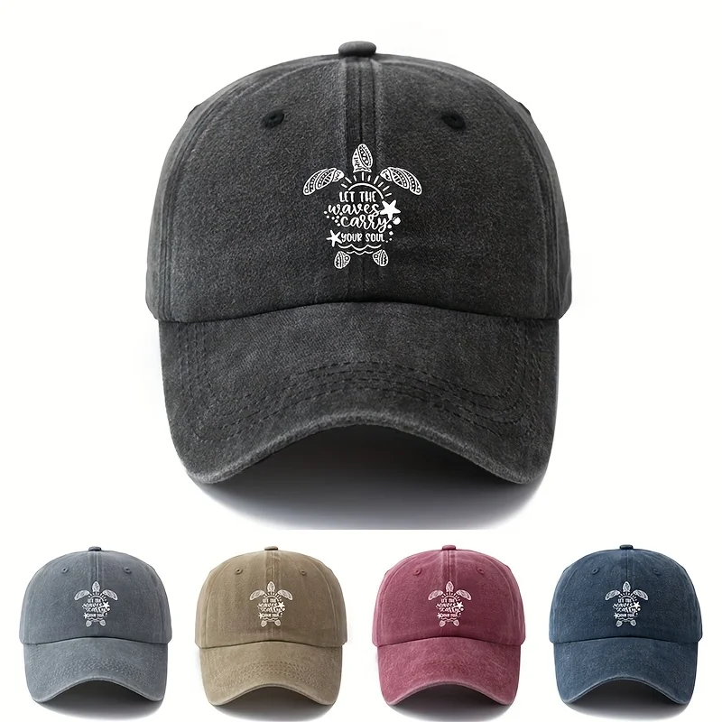 A Unisex Fashionable and Versatile Printed Sea Turtle Baseball Cap, Featuring a Classic Vintage Washed Lightweight Curved Brim.