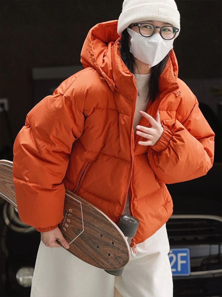 

Премиальная утепленная хлопковая куртка с капюшоном цвета тыквенно-оранжевый для женщин, зима 2023, новый корейский стиль, короткое пальто в стиле «хлеб», с длинными рукавами
