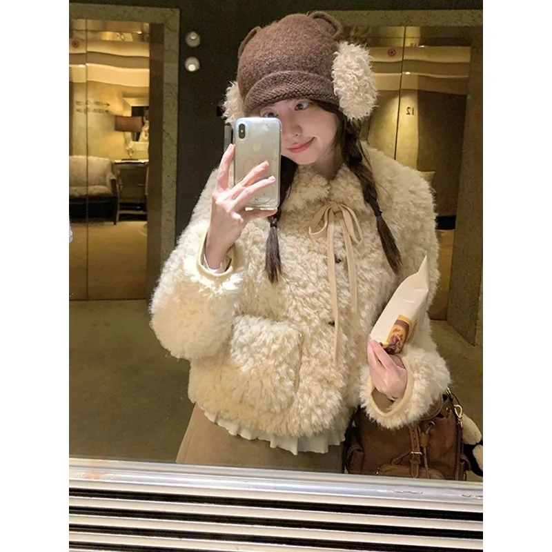 Women American Retro Tie Detail Faux Lamb Fur Short Jacket Thick Autumn Winter Furry Outerwear