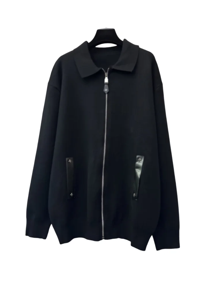 Faionable Wool Knitted Zipper Coat 2025 Autumn Winter New Sle Leather ket Loose ex Long Sve Breathable Coat