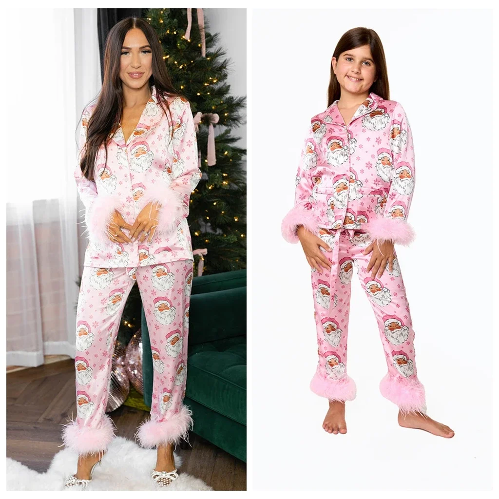 Combhasaki Mother Daughter Pajamas Matching Sets Long Sleeve Lapel Neck Tops + Elastic Waist Pants 2 Piece Fall Sleepwear Outfit