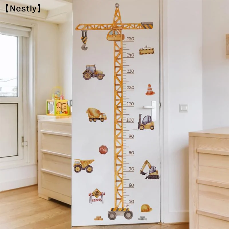 Cartoon Crane Construction Height Chart Wall Sticker Kids Growth Measurement Decal Removable Self-Adhesive Vinyl〔Nest〕