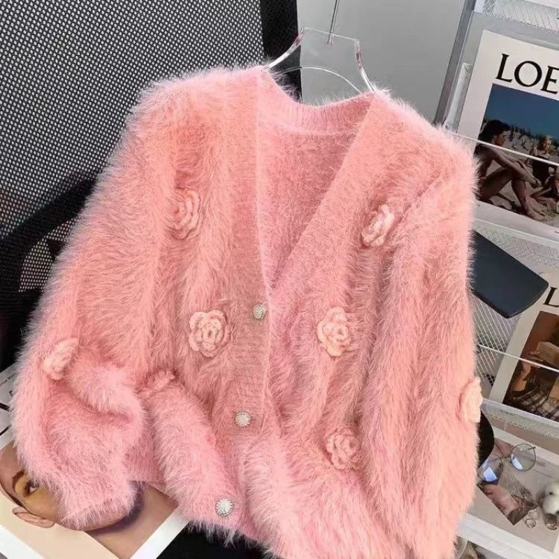 2025 Autumn and Winter Fashion New Women's Elegant Knitted Single Breasted Cashmere Cardigan Three-dimensional Flower Sweater