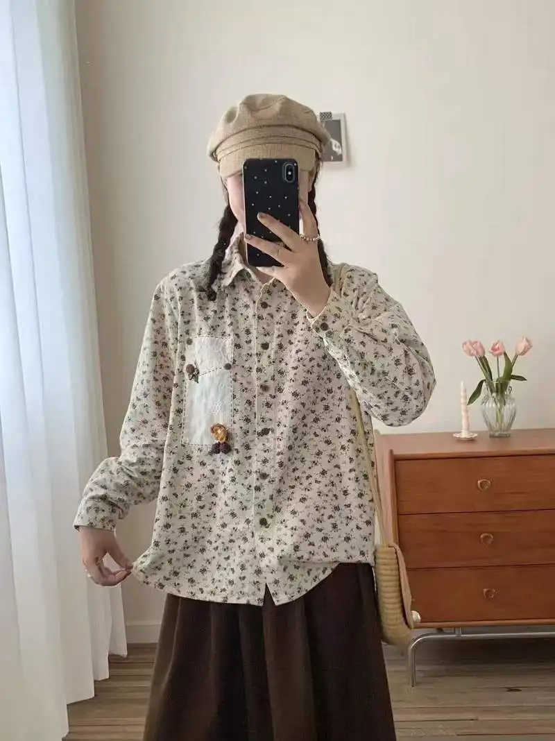 신상품 2025 겨울용 면 긴팔 브러시드 셔츠, 여성용 라펠 프린트 자수, 모리 걸 프레리 시크 루즈 블라우스 T5N556CC