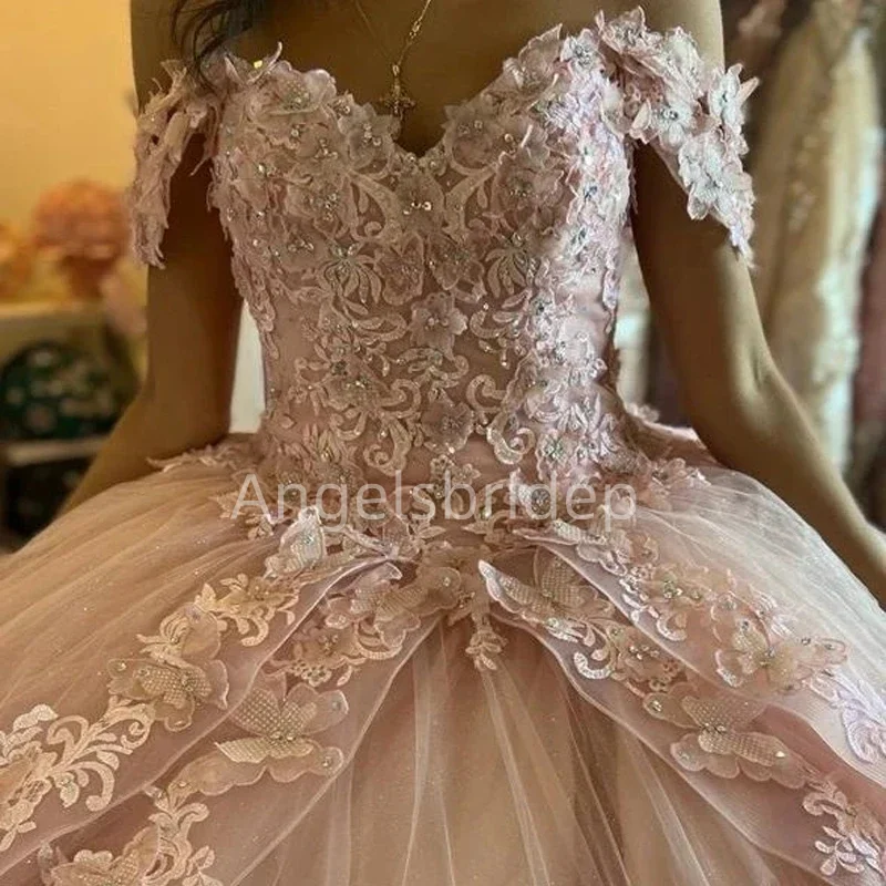 Angelsbridep-vestido De Graduación Rosa escalonado con cordones y cuentas, vestido De baile De princesa, vestido De quinceañera sin hombros, Vestidos De fiesta