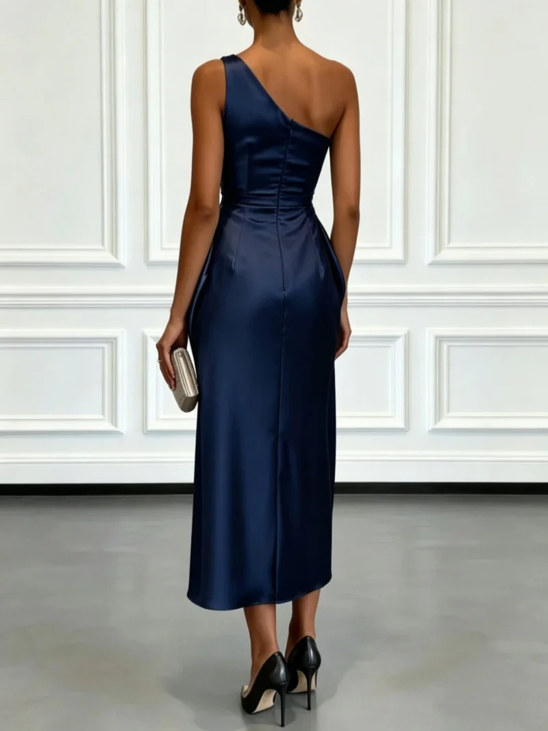 One Shoulder Asymmetrical Neck Satin Midi Dress All Over Side Ruched Draped Detail view 3