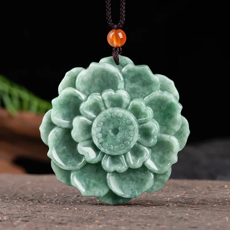 Green Natural A Goods Jade Lotus Pendant Handcarved High Grade Jewelry Energy Necklace Eliminating Fatigue Pray for Peace Gift