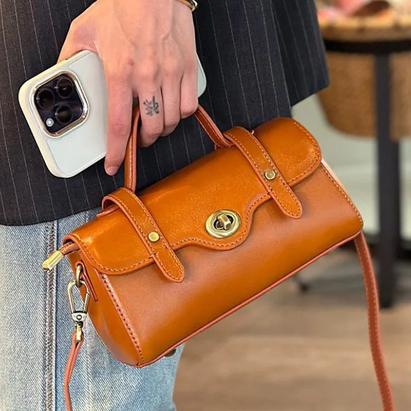 Handheld Briefcase For Women 2025 New Vintage Versatile Small Square Bag Golden Buckle Genuine Leather Women's Crossbody Bags