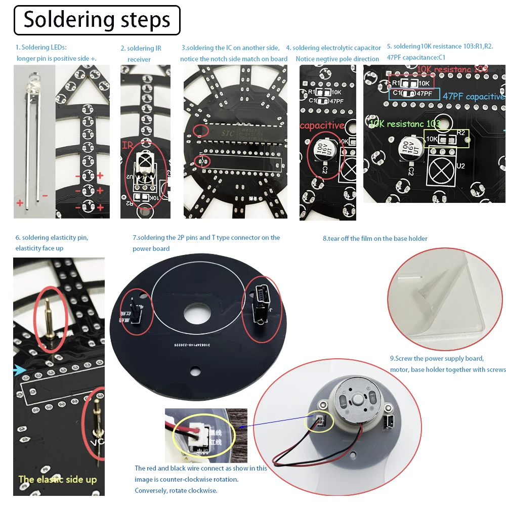 Kit eletrônico diy led rotativo roda gigante circuito aprendizagem kit de solda 16 tipos modo piscando controle remoto (não montado