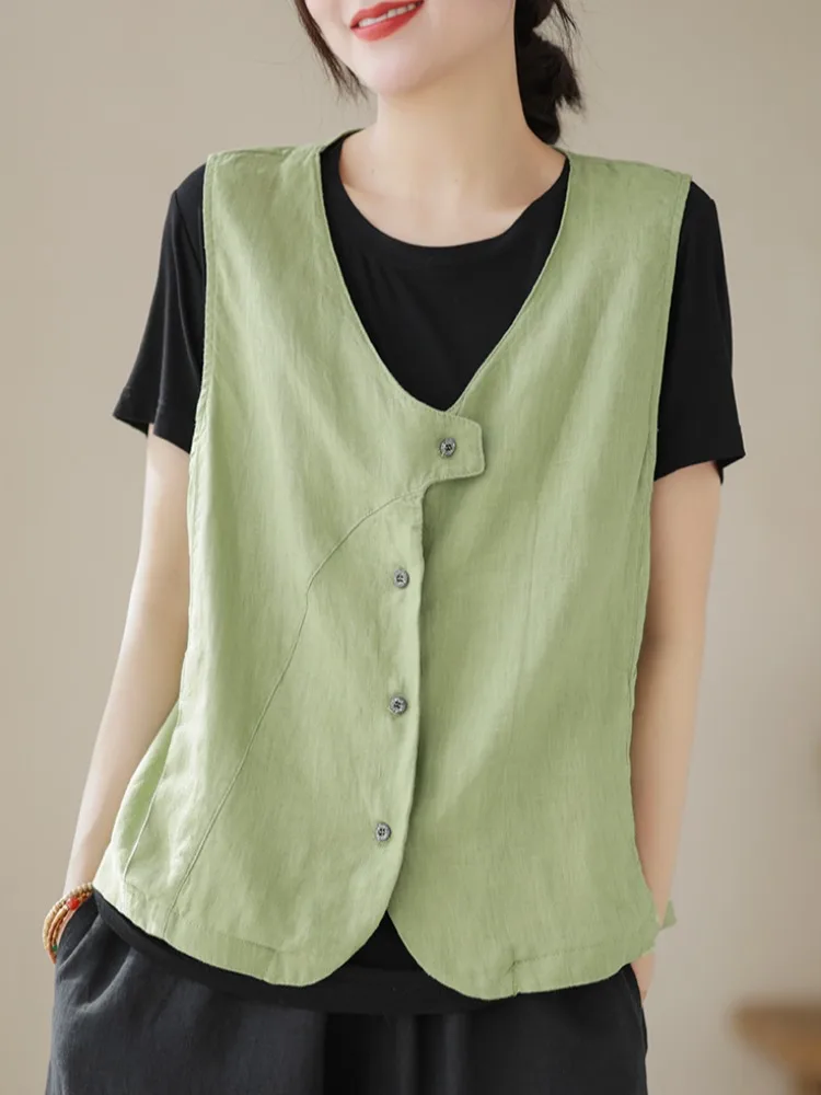 

Женский хлопково-льняной жилет, простой повседневный свободный крой, тонкая верхняя одежда, универсальный однотонный топ с v-образным вырезом на пуговицах