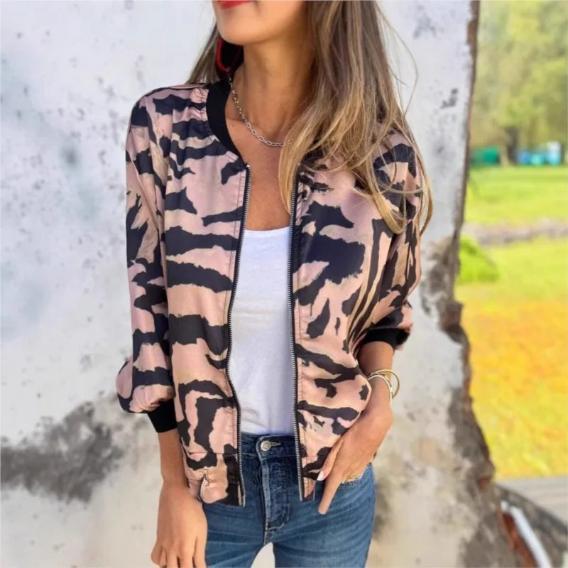 

Fashion Leopard Jacket For Women Autumn New Casual Short Coat Chic Long Sleeve Zip Leisure Thin Jackets Female High Street Coats
