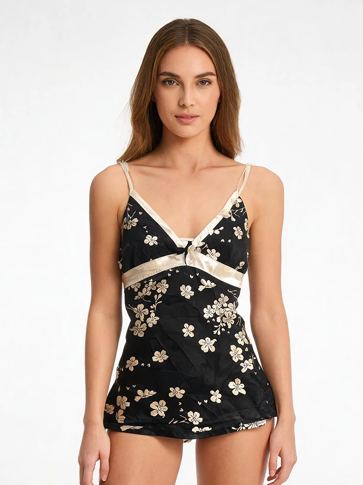 Women Deep V‑Neck Cami Nightdress Bow Decor Floral Print Sleeveless Slip Dress Back Elastic Mini Nightgown Home Loungewear