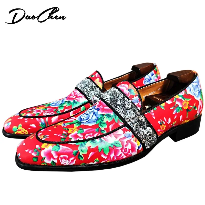 Luxury Men Loafers Shoes Chinese Style Flower Print Casual Dress Mens Shoes Party Wedding Banquet Leather Shoes For Men