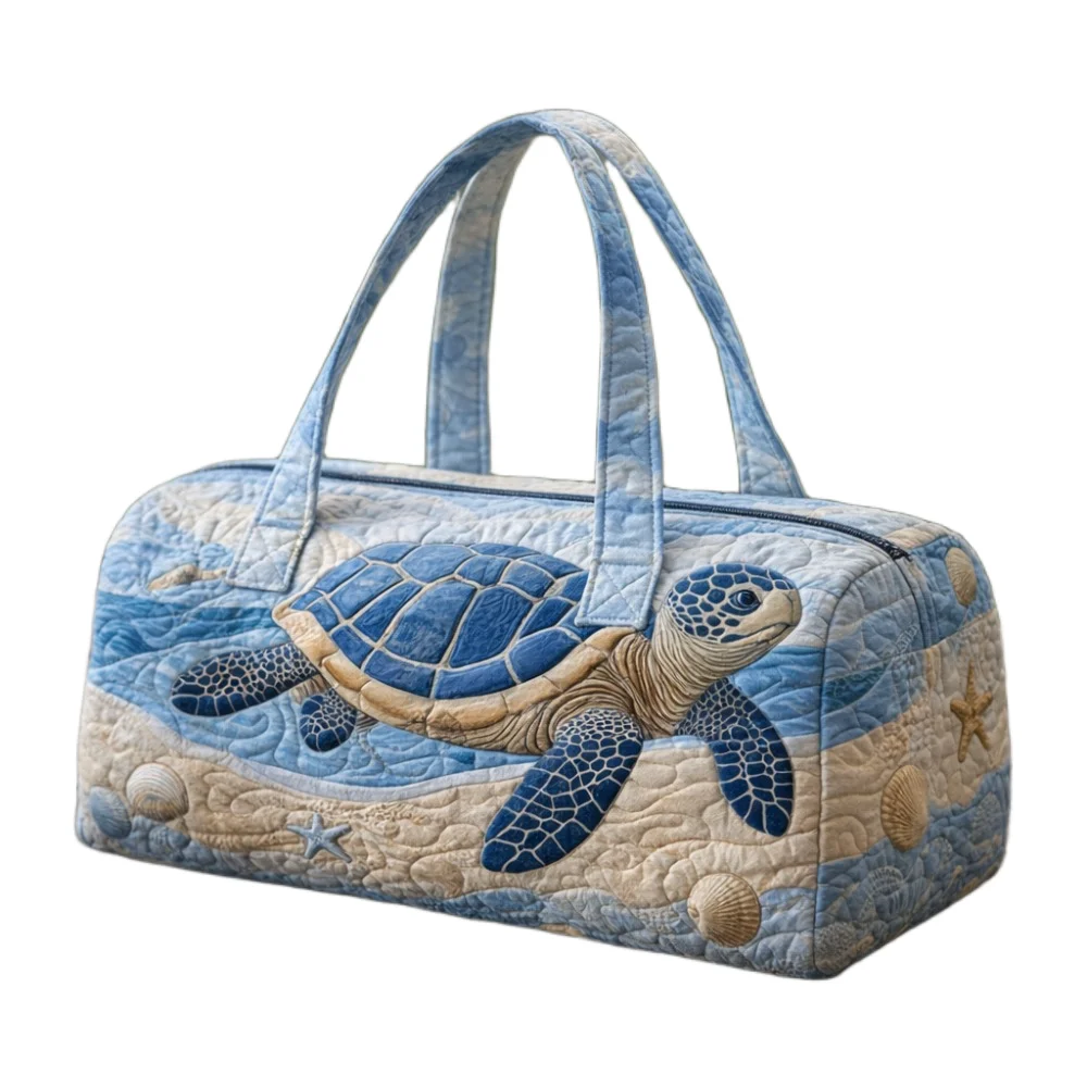 Coastal Sea Turtle Quilted Travel Duffel Bag Starfish Shell Weekender Bag Large Capacity Overnight Carry On Bag for Getaway