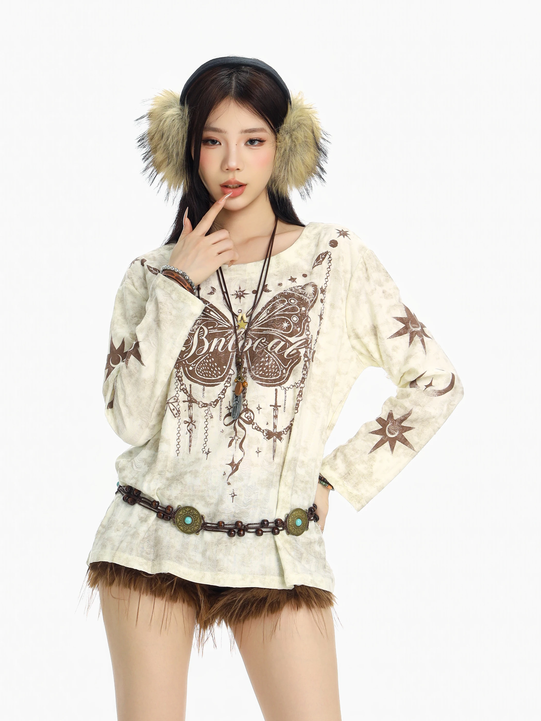 

Retro American Tassel Hole Long Sve Cover up Women's Inner oulder Bared Top Ci Walk Loose Fit Breathable Pol...