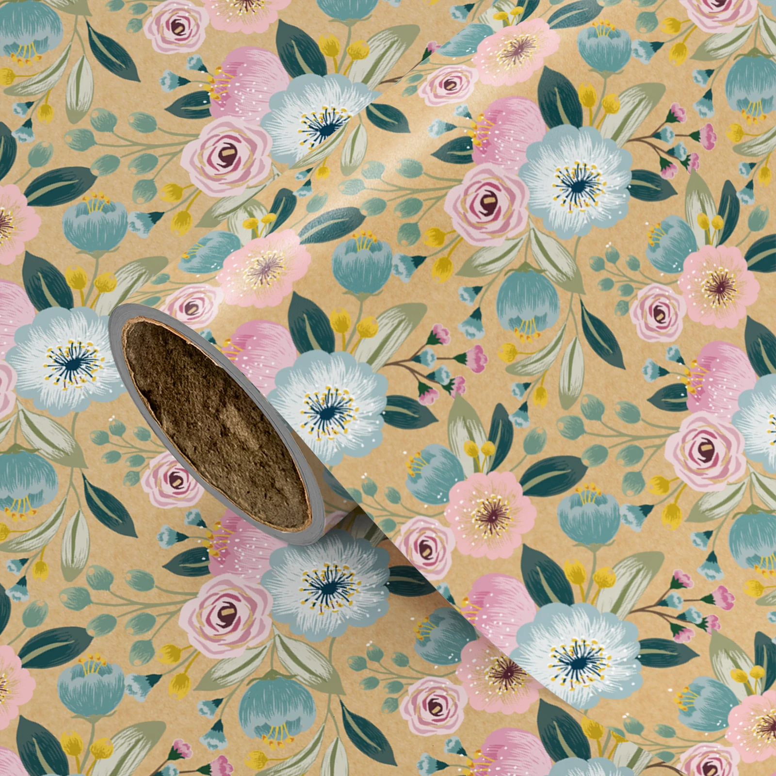 1 Roll of Vintage Pink and Blue Floral Style Kraft Paper Gift Wrapping Paper |   Kraft Paper with Pink and Blue Floral and Green Leaf Patterns, Suitable for Birthday Gift Wrapping, Mother's Day Gift Wrapping, Holiday Gift Wrapping, Party Gift Decoration, and Daily DIY Crafts - Specifications: 43Cm×300Cm
