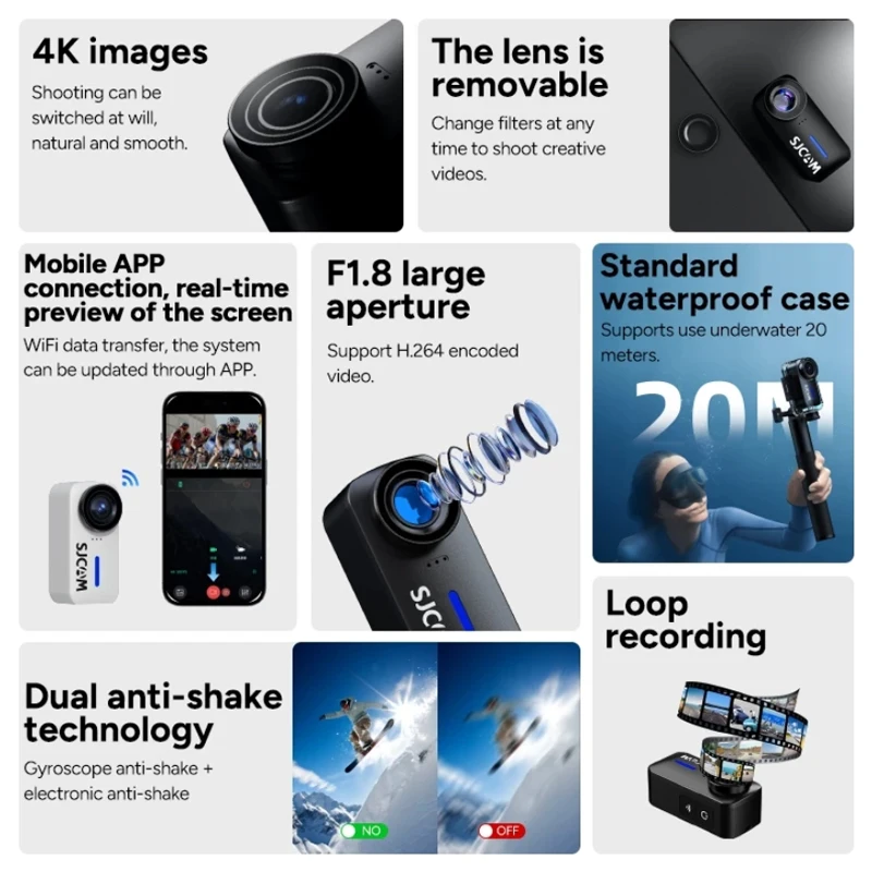 SJCAM C110 Plus 4K Action Camera Gyro Stabilization 170° Wide Angle Waterproof Vlog Cam for Streaming Cycling & Diving Outdoo