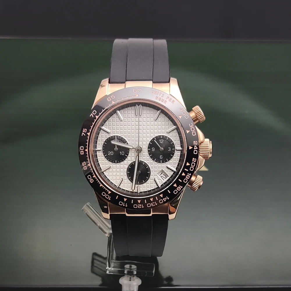 

PARNSRPE 39 мм розовое золото Многофункциональные часы с хронографом Силиконовый ремешок с сапфировым стеклом Япония Кварцевые часы с механизмом VK63