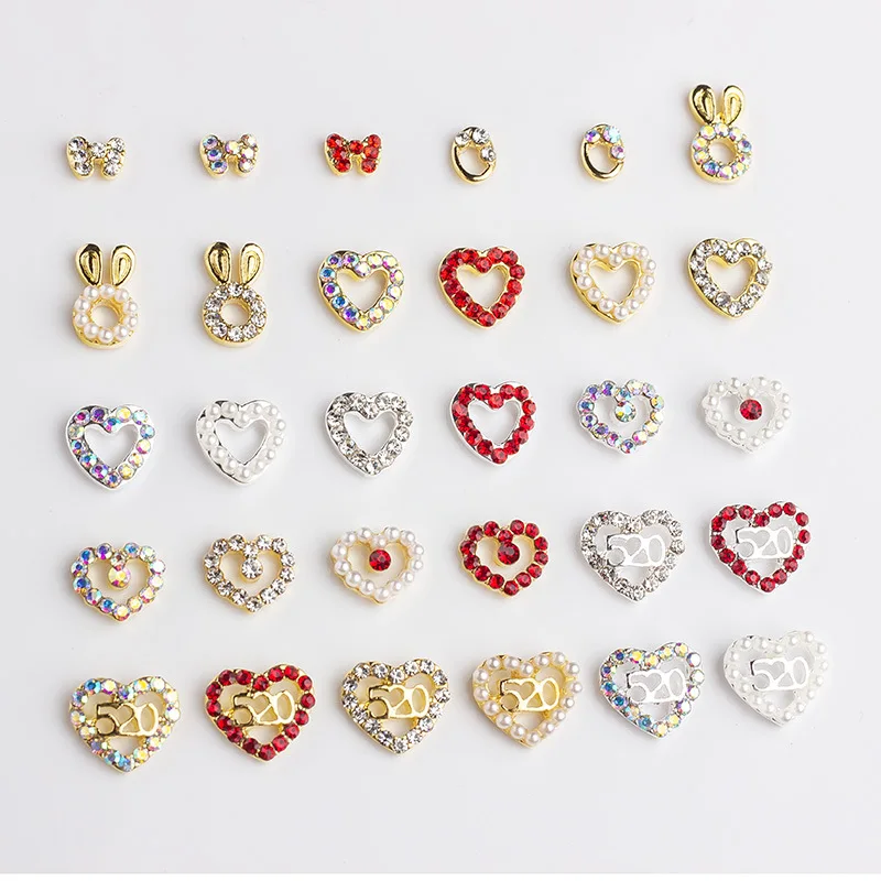 10PCS Glitter Full Pearls Diamonds Hollow Love Heart 520 Valentine's Day Alloy Nail Art Rhinestones Decorations Manicure Charms