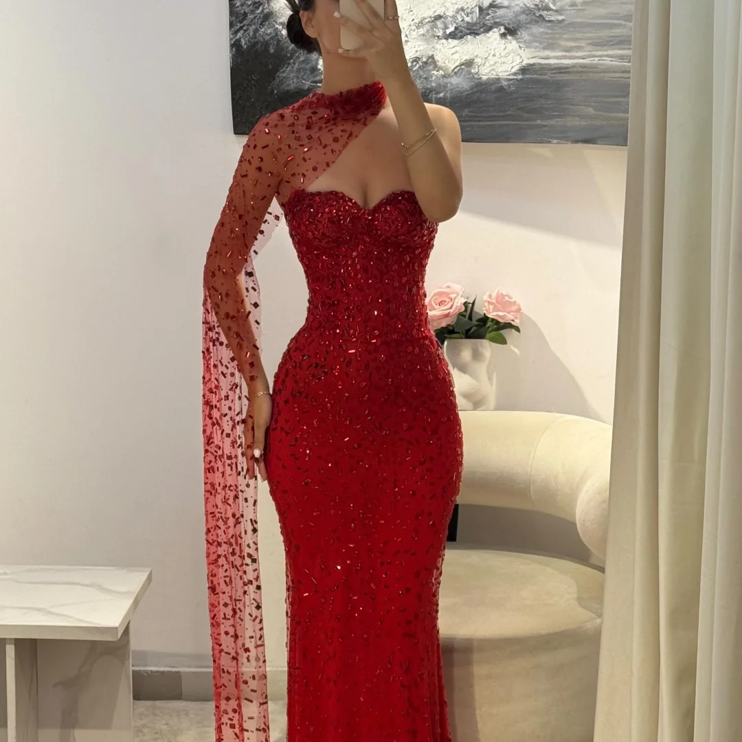Sansa Abiti da ballo senza maniche con glitter a sirena rossa personalizzati squisiti con scialle Abiti da sera lunghi fino al pavimento da sera formale