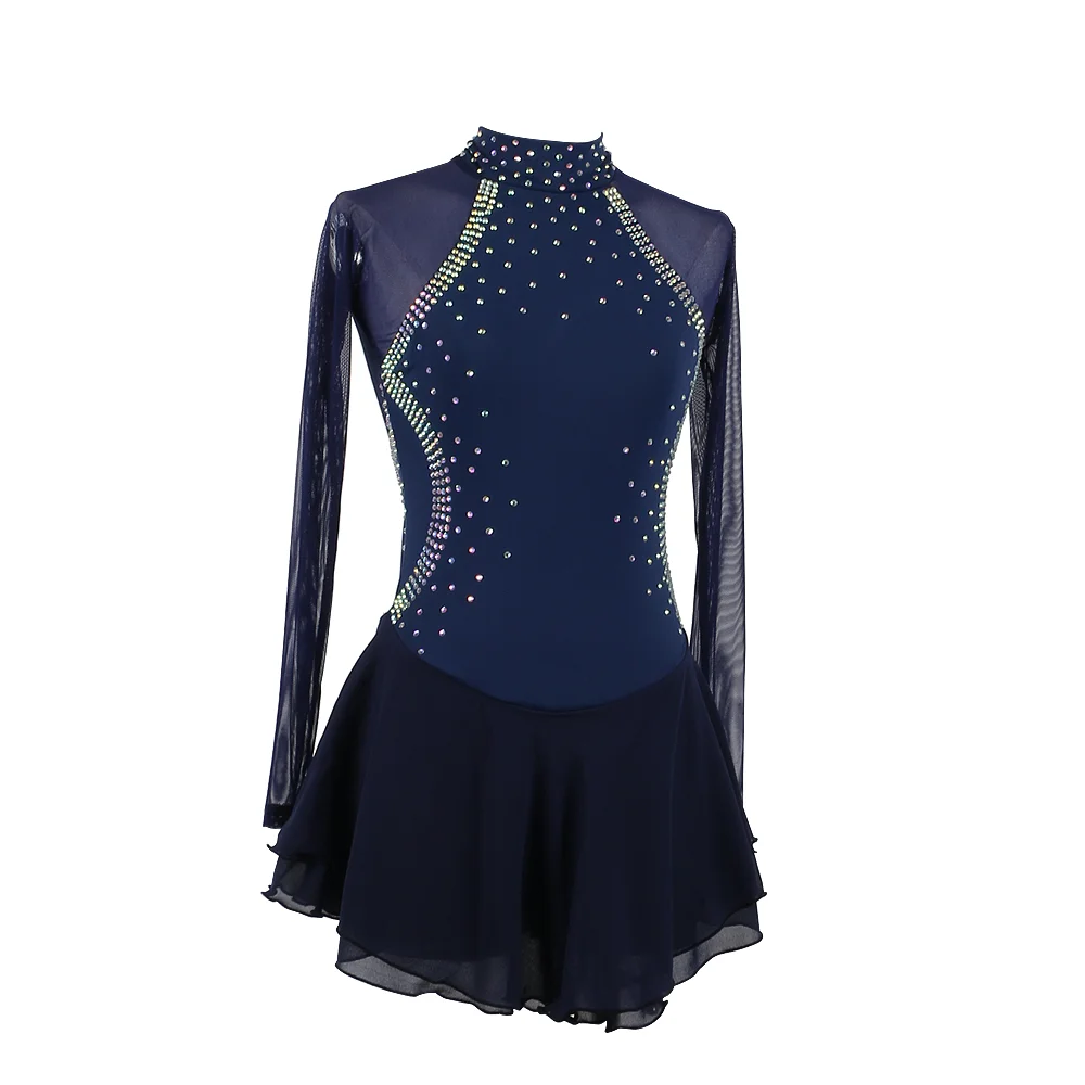 Zagitova Figure Skating Dress Women Girls Ice Skating Skirt Performance Competition Mesh Skirt Navy Blue