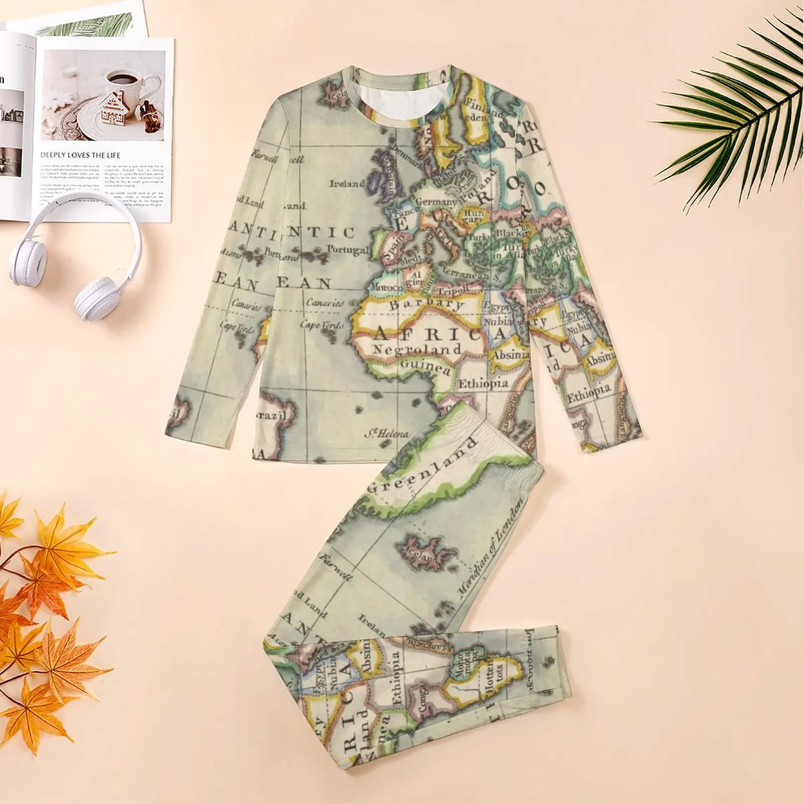 Earth Map Pajamas Spring 2 Pieces World Map Adventure Lovely Pajamas Set Man Long-Sleeve Casual Custom Home Suit Big Size