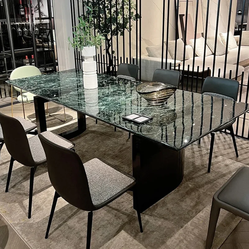 

Minimal large flower green natural luxury stone rectangular dining table high-end villa simple household marble table