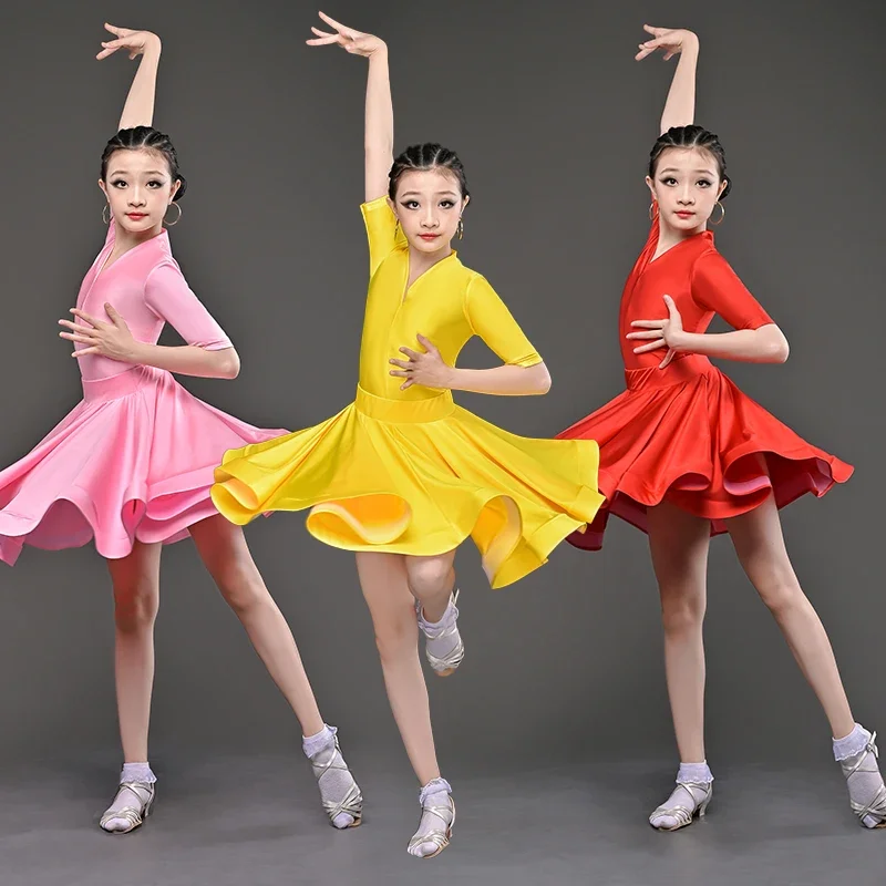 Girls Latin Dance Dresses Children Competition Ballroom 6 Color Costumes Kids Carnival Party Stage Performance Practice Clothing