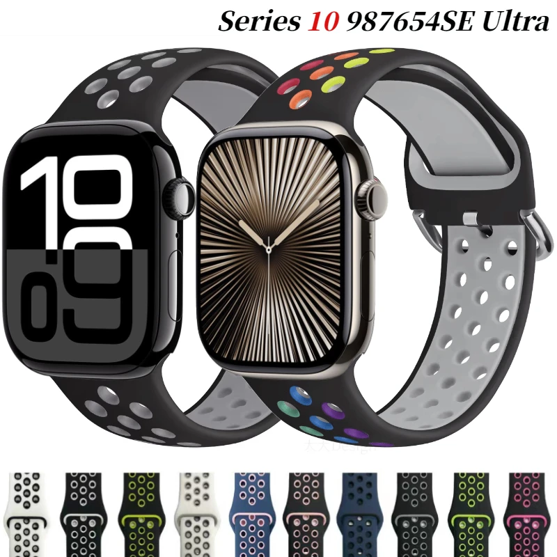 حزام سيليكون لحزام أبل ، سوار رياضي جيد التهوية ، iWatch Ultra 10 ، 9 ، 8 ، 7 ، 6 ، 5 ، 4 ، SE ، 49 ، 45 ، 41 ، 44 ، 40 ، 42 ، 46