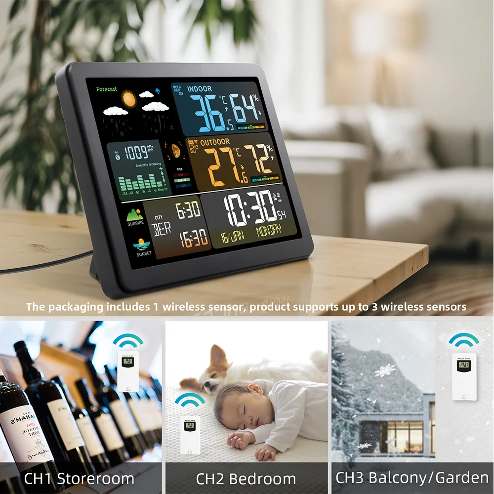 FJ3566M Smart Weather Station Indoor Outdoor Temperature Humidity Meter Gauge Large Color Screen Display with 1 Sensor