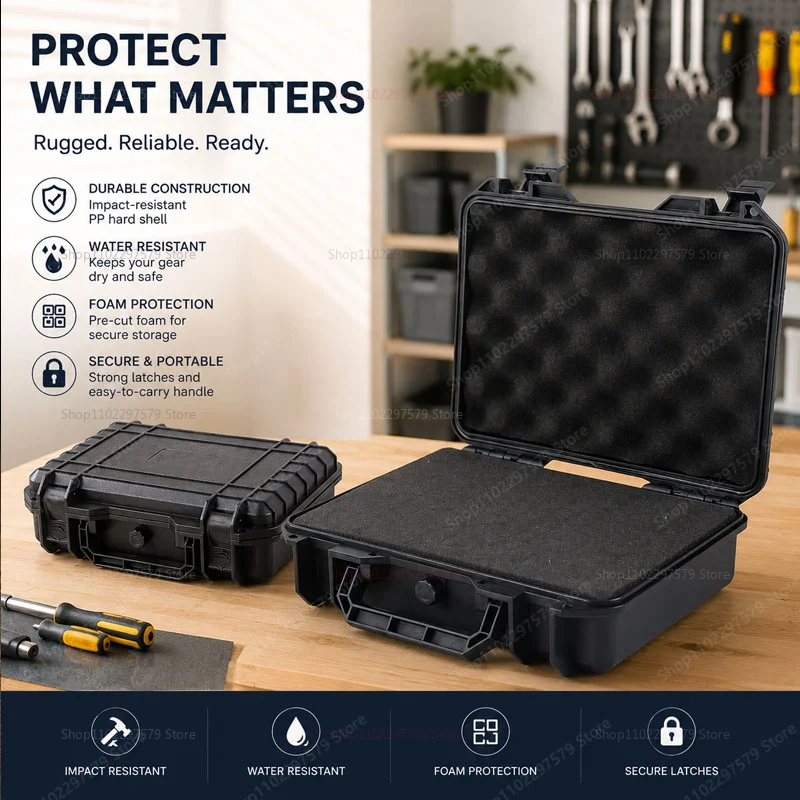 Waterproof Shockproof Pressure Reducing Dustproof Portable Hard Tool Box With Pre-Cut Foam Storage Home Outdoor Garage Storage.