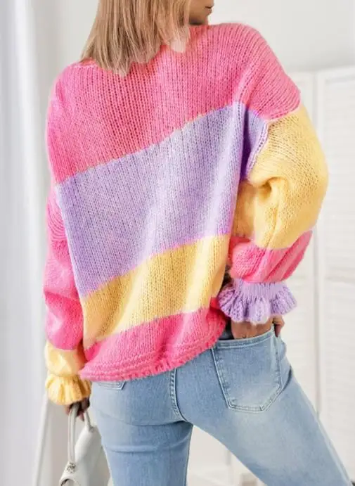 2025 Autumn/winter Women's Sweater Color Block Splicing Casual Loose Black Fungal Edge Long Sleeve Knitted Cardigan