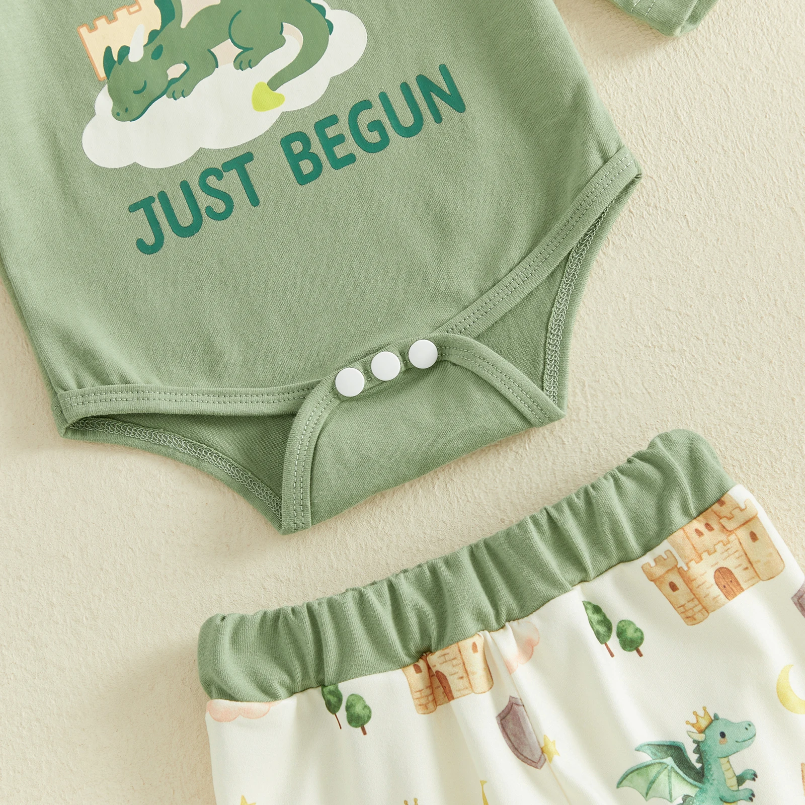 Infant Boy Autumn Outfit Crew Neck Long Sleeve Dinosaur Print Romper Pants and Hat Cute Baby Clothing Set