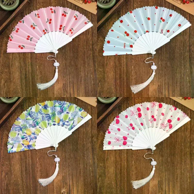 Folding Hand Fan Cherry Lemon Fruit Pattern Portable Plastic Frame Fabric Tassel Cooling Fan For Home Women Summer