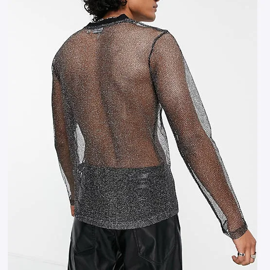 Mesh T-Shirts Men's Long-sleeved Shirt Shiny See-through Pullover Men's Breathable Bottoming Shirt Nightclub Performance Clothes