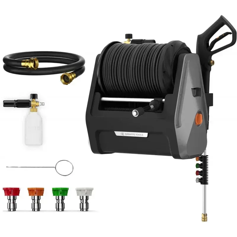 

QAZ8-Grandfalls Pressure Washer.Electric Wall Mounted Power Washer 100FT Retractable Hose.Soap Tank and 4-Nozzle Set.Dark Silver