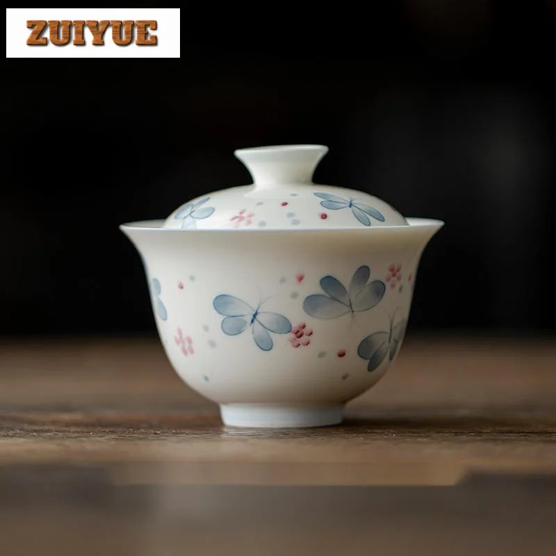 130ml Hand Drawn Buttferfly Cover Bowl Household Underglaze Color Gaiwan Aesthetic Anti Scald Tea Tureen Tea Making Tea Crafts