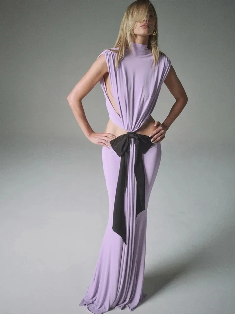 

Sexy Sleeveless Hollow Out Bow Design Long Dress Women O Neck Backless Patchwork Maxi Slim Dresses Party Clubwear Cocktail Gowns