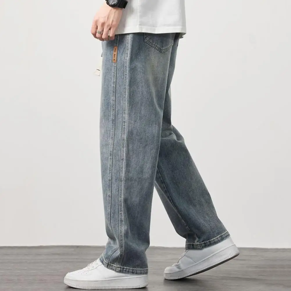 

Men Summer Jeans Men's Summer Jeans Elastic Waist Adjustable Drawstring Straight Wide Leg Casual Pants with Pockets Solid Color